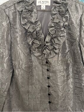 JR Nites by Carol Lin Metallic Gray Ruffle Evening Jacket Blazer Size 14